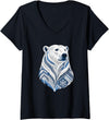 Arctic Polar Bear Nordic Snowflake Spirit Women's Winter Nordic Polar Bear Snowflake Pattern V-Neck T-Shirt - Black