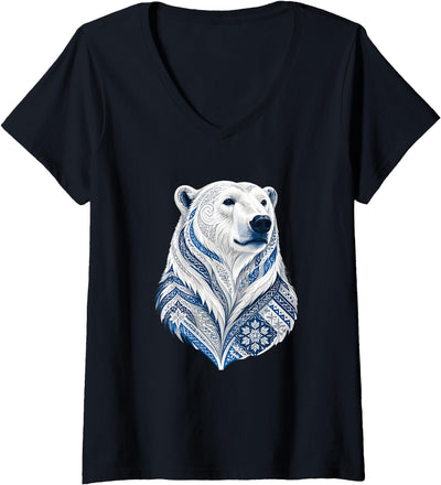 Women's Winter Nordic Polar Bear Snowflake Pattern V-Neck T-Shirt