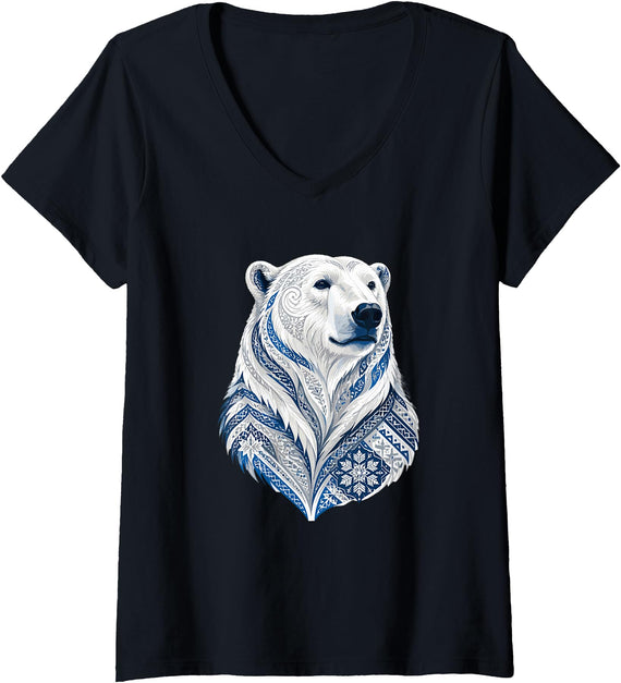 Arctic Polar Bear Nordic Snowflake Spirit Women's Winter Nordic Polar Bear Snowflake Pattern V-Neck T-Shirt - Black