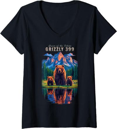 Womens Grizzly 399 Bear Lovers Queen Of The Tetons National Park V-Neck T-Shirt