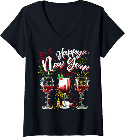 Hallothanksmas Witch Halloween Thanksgiving Xmas Womens Happy New Year 2026 New Years Eve Fireworks Glasses of Wine V-Neck T-Shirt