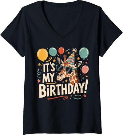 Womens It's My Birthday Party Giraffe Birthday Girl V-Neck T-Shirt