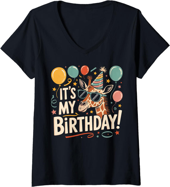 Giraffe Birthday Girl BY TEERA Womens It's My Birthday Party Giraffe Birthday Girl V-Neck T-Shirt - Black