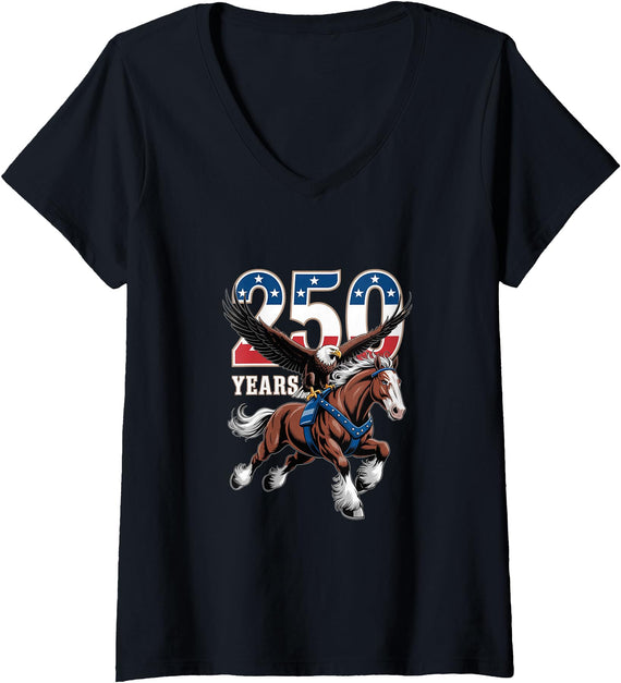 Vortex Patriotic Women's USA 250th Anniversary Bald Eagle & Clydesdale Horse V-Neck T-Shirt - Black