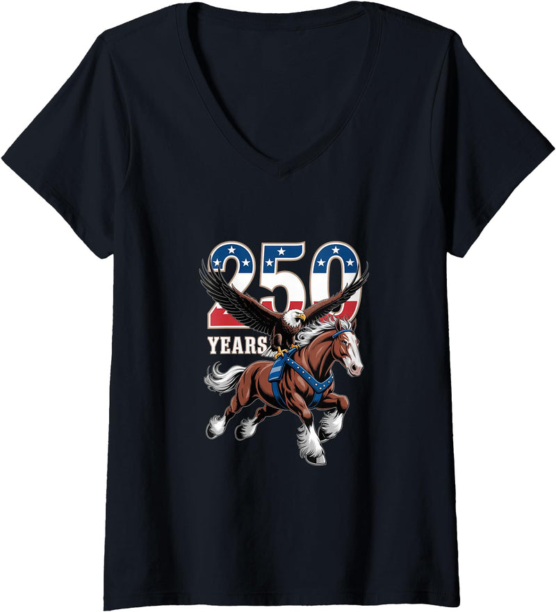 Vortex Patriotic Women's USA 250th Anniversary Bald Eagle & Clydesdale Horse V-Neck T-Shirt - Black