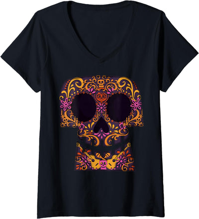Womens Disney Pixar Coco Collage Skull Halloween V-Neck T-Shirt