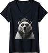 Polar Bear Enthusiast Women's Polar Bear in Sunglasses Monochrome Illustration V-Neck T-Shirt - Black