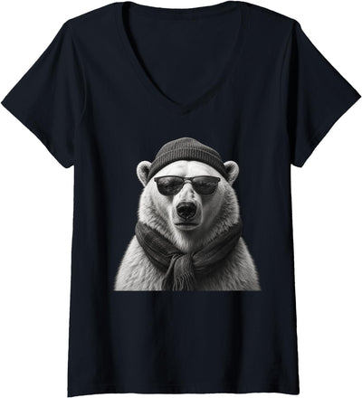 Polar Bear Enthusiast Women's Polar Bear in Sunglasses Monochrome Illustration V-Neck T-Shirt