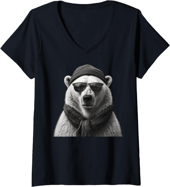 Polar Bear Enthusiast Women's Polar Bear in Sunglasses Monochrome Illustration V-Neck T-Shirt - Black