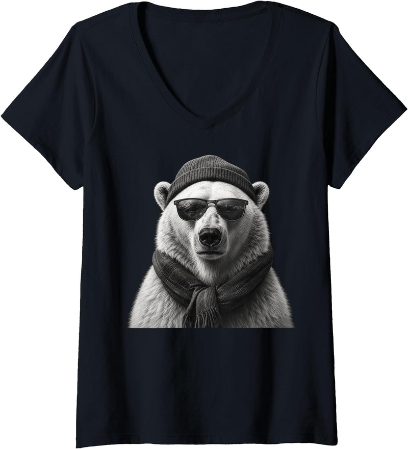 Polar Bear Enthusiast Women's Polar Bear in Sunglasses Monochrome Illustration V-Neck T-Shirt - Black