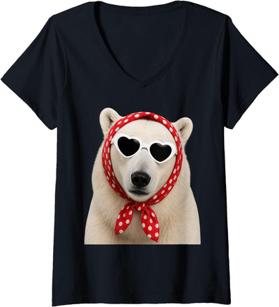 Women's Cute Polar Bear Lover Heart Sunglasses V-Neck T-Shirt
