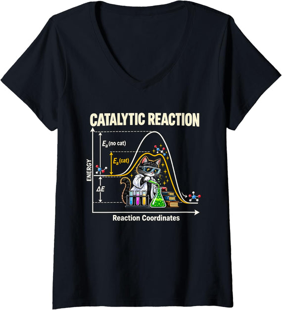 Women's Catalytic Reaction Chemistry Cat Funny Science V-Neck T-Shirt - Black