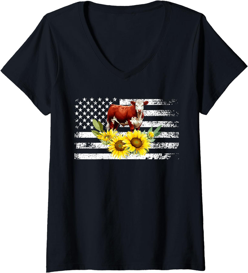 Proud Hereford Cow Boy Hereford Cow Girl Womens Hereford Cow US Flag Hereford Cow Lover Hereford Cattle V-Neck T-Shirt -