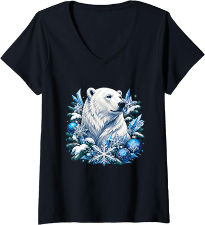 Arctic Polar Bear Snowflake Winter Christmas Women's Christmas Polar Bear Snowflakes Winter Ornaments V-Neck T-Shirt
