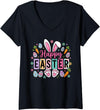 Women's Happy Easter Bunny Egg V-Neck T-Shirt in Black