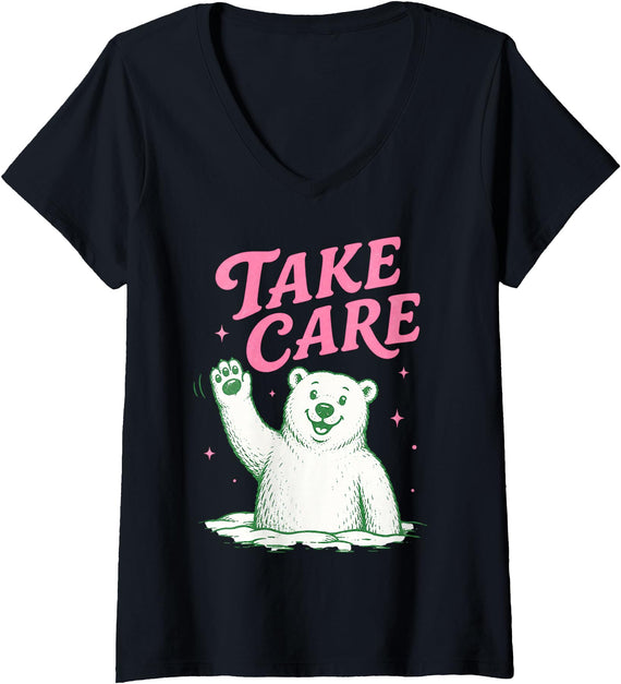 Cute Kawaii Classic Goodbye Childrens Rhyming Game Women's Take Care Polar Bear Happy Funny Last Day of School Summer V-Neck T-Shirt - Black