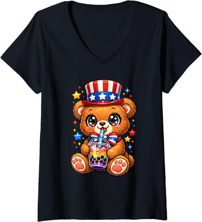 Women's Cute Teddy Bear Patriotic 4th July Gift Bubble Boba Tea USA V-Neck T-Shirt