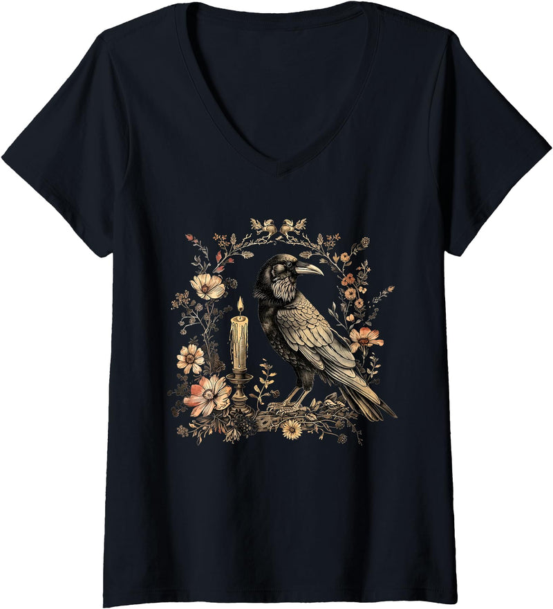 Witchy Vibes Womens Raven V-Neck T-Shirt - Black