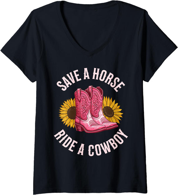 Save a Horse Ride a Cowboy Western Rodeo Outfit Womens Save a Horse Ride a Cowboy Western Rodeo V-Neck T-Shirt - Black