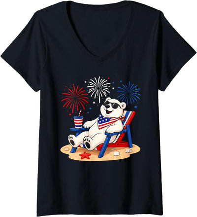 Women's 4th of July Polar Bear Happy Beach Patriotic Animal Lovers V-Neck T-Shirt