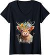 From Dyzamora Womens Super Cute Watercolor Baby Highland Cow - Adorable V-Neck T-Shirt - Black