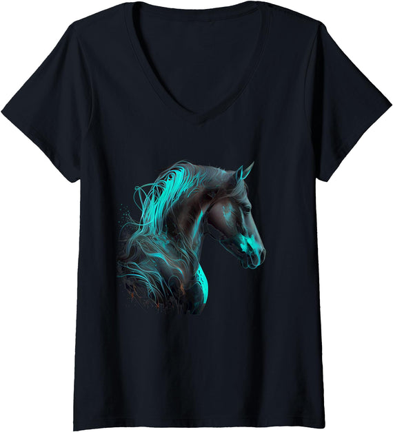 Beautiful Horse Lover Horseback Riding Splash Art Womens Cute Equestrian Turquoise Horse Love Horseback Rider Cowgirl V-Neck T-Shirt - As Pictured