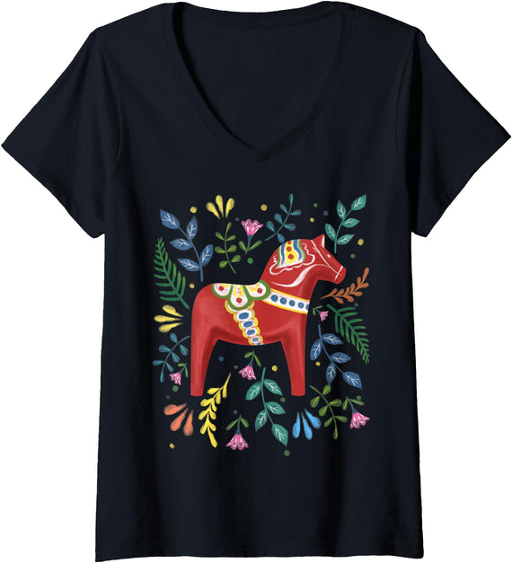 Swedish Dala Horse Swedish Nationality Womens Swedish Dala Horse Folk Art Sweden Flag Dalahelmsoljd Horse V-Neck T-Shirt - Black