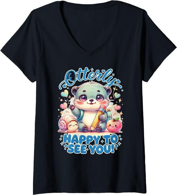 Otterly Teacher Kawaii Sea Otter First Grade Tees Women's Otterly Happy to See You Cute Otter Back to School V-Neck T-Shirt