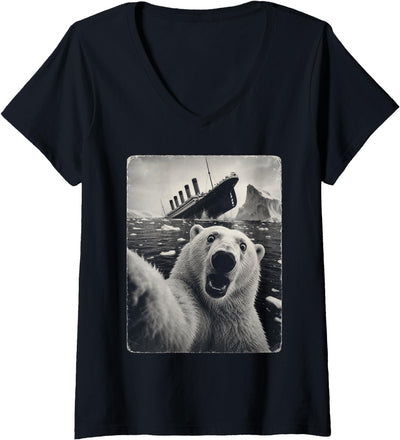 Women's Titanic Sinking Polar Bear Selfie Funny V-Neck T-Shirt