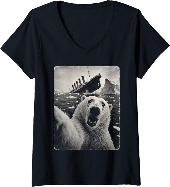Women's Titanic Sinking Polar Bear Selfie Funny V-Neck T-Shirt - As Pictured