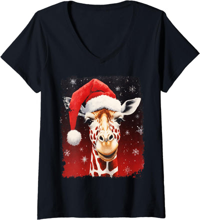 Womens Giraffe Christmas V-Neck T-Shirt
