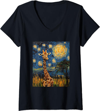 Women's Giraffe Africa Van Gogh Style Starry Night Cute Graphic V-Neck T-Shirt