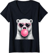 Retro Bubblegum Polar Bear Lover Women's Polar Bear Pink Heart Sunglasses Funny Bubble Gum V-Neck T-Shirt - Black