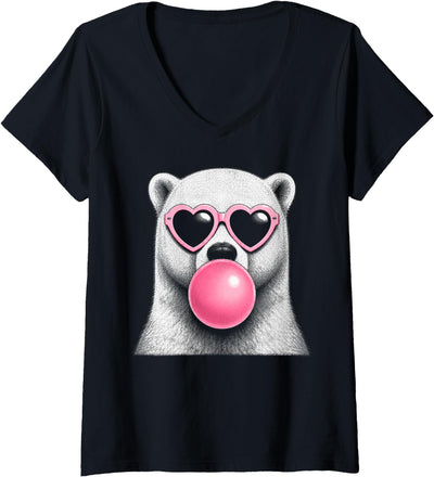 Women's Polar Bear Pink Heart Sunglasses Funny Bubble Gum V-Neck T-Shirt