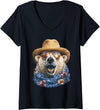 Whimsical Coastal Animals Beachgoers Women's Cute Polar Bear with Sunglasses and Straw Hat Animal Summer V-Neck T-Shirt - Black