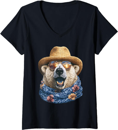 Women's Cute Polar Bear with Sunglasses and Straw Hat Animal Summer V-Neck T-Shirt