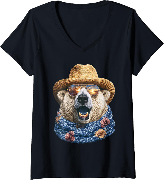 Whimsical Coastal Animals Beachgoers Women's Cute Polar Bear with Sunglasses and Straw Hat Animal Summer V-Neck T-Shirt - Black