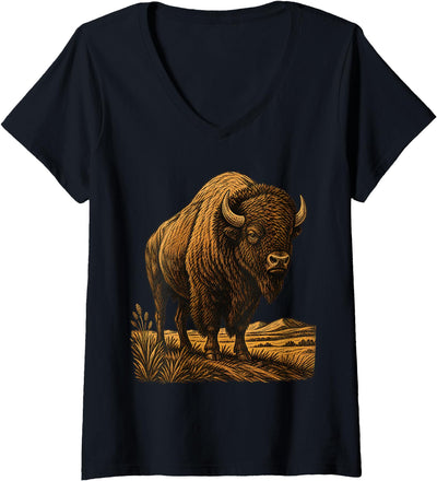 American Bison Woodcut Art Buffalo Prairie Wild Funny V-Neck T-Shirt
