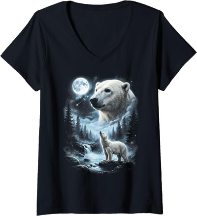 Women's Polar Bear Howling at Moon 90's Retro V-Neck T-Shirt
