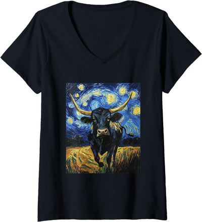 Cow Bull Van Gogh Starry Night V-Neck T-Shirt