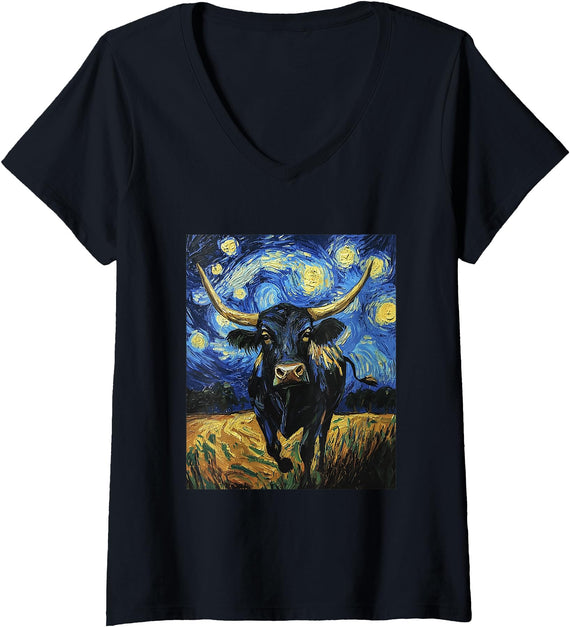 Cow Designs. Women's Cow Bull Graphic Van Gogh Style Starry Night V-Neck T-Shirt - Black