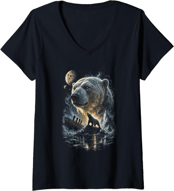 Women's Titanic Polar Bear Howling Moon Iceberg V-Neck T-Shirt - As Pictured
