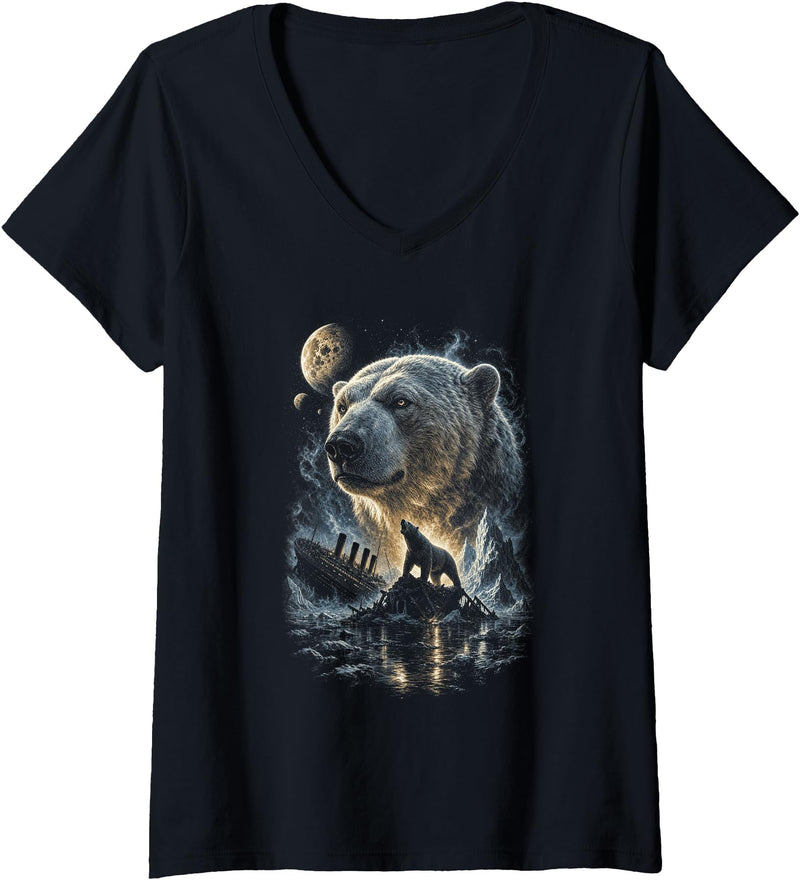 Women's Titanic Polar Bear Howling Moon Iceberg V-Neck T-Shirt - As Pictured