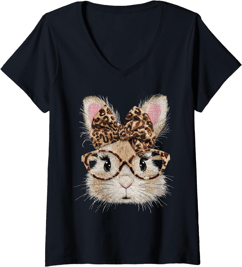 Women's Cute Bunny Rabbit Face Leopard Coquette Bow V-Neck T-Shirt in Black