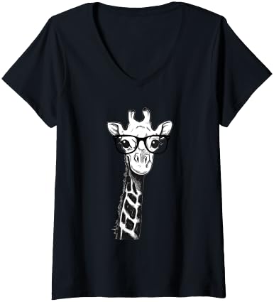 Women's Giraffe with Glasses for Zoo Animal Lovers V-Neck T-Shirt