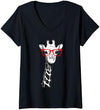 Giraffe Zoo Animal Lovers Women's Giraffe with Red Glasses for Zoo Animal Lovers V-Neck T-Shirt - Navy Blue
