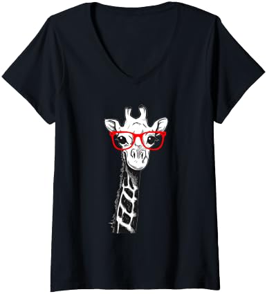 Women's Giraffe with Red Glasses for Zoo Animal Lovers V-Neck T-Shirt