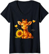 Magical and Funny Giraffe lover Gifts Women's Cute Giraffe with Sunflower V-Neck T-Shirt - Navy Blue