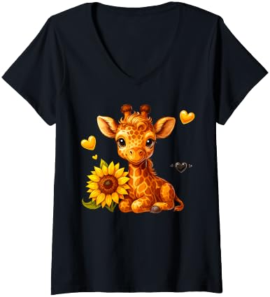 Women's Cute Giraffe with Sunflower V-Neck T-Shirt