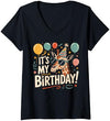 Giraffe Birthday Girl BY TEERA Womens It's My Birthday Party Giraffe Birthday Girl V-Neck T-Shirt - Navy Blue